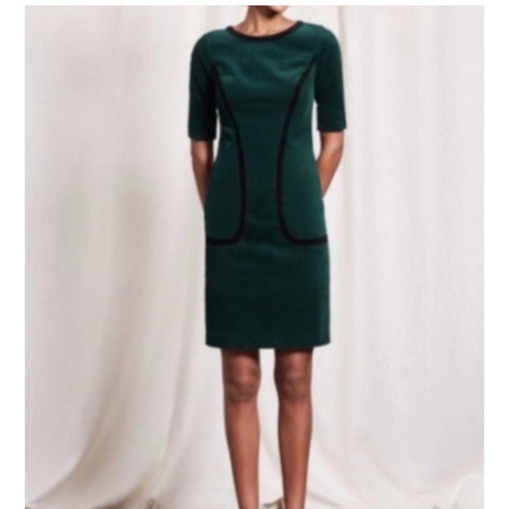 Boden Emerald Green Black Trim Corduroy Thelma Knee Length Dress 12 long Pockets